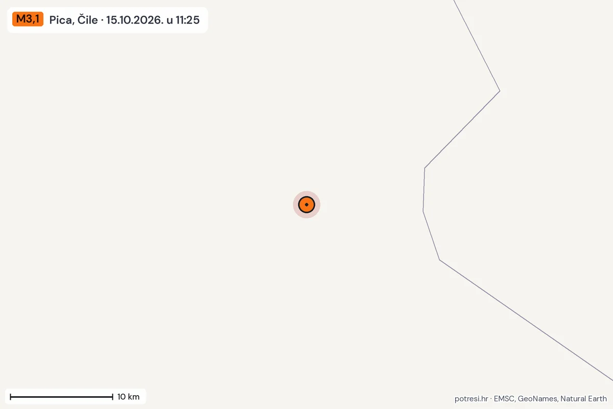 Karta: okolica epicentra, 60 km, potres M3,1, Pica, Čile, 15.10.2026.