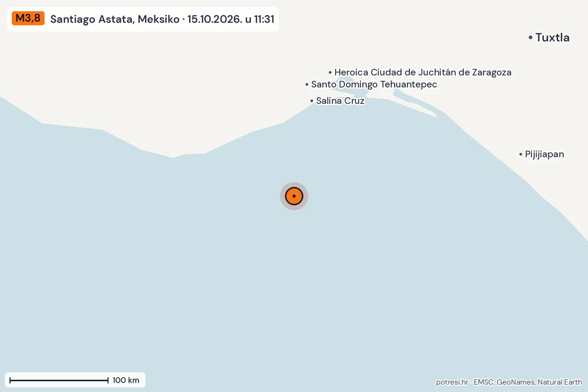 Karta: šire područje, 600 km, potres M3,8, Santiago Astata, Meksiko, 15.10.2026.