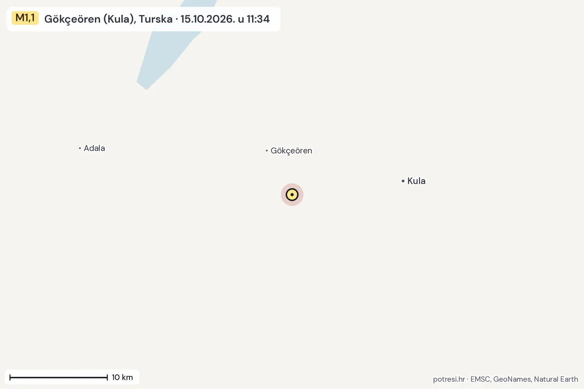 Karta: okolica epicentra, 60 km, potres M1,1, Gökçeören (Kula), Turska, 15.10.2026.
