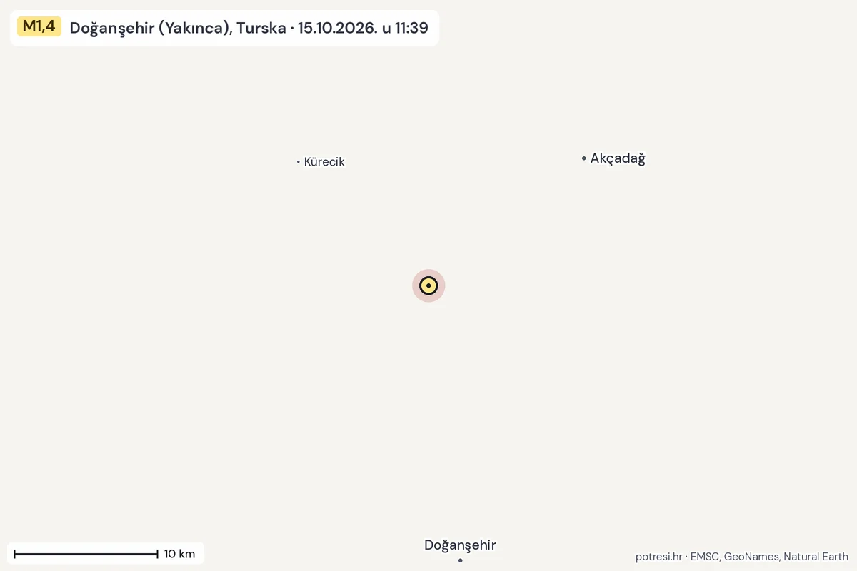 Karta: okolica epicentra, 60 km, potres M1,4, Doğanşehir (Yakınca), Turska, 15.10.2026.