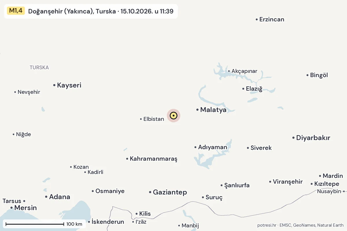 Karta: šire područje, 600 km, potres M1,4, Doğanşehir (Yakınca), Turska, 15.10.2026.