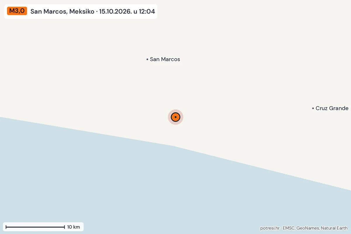 Karta: okolica epicentra, 60 km, potres M3,0, San Marcos, Meksiko, 15.10.2026.