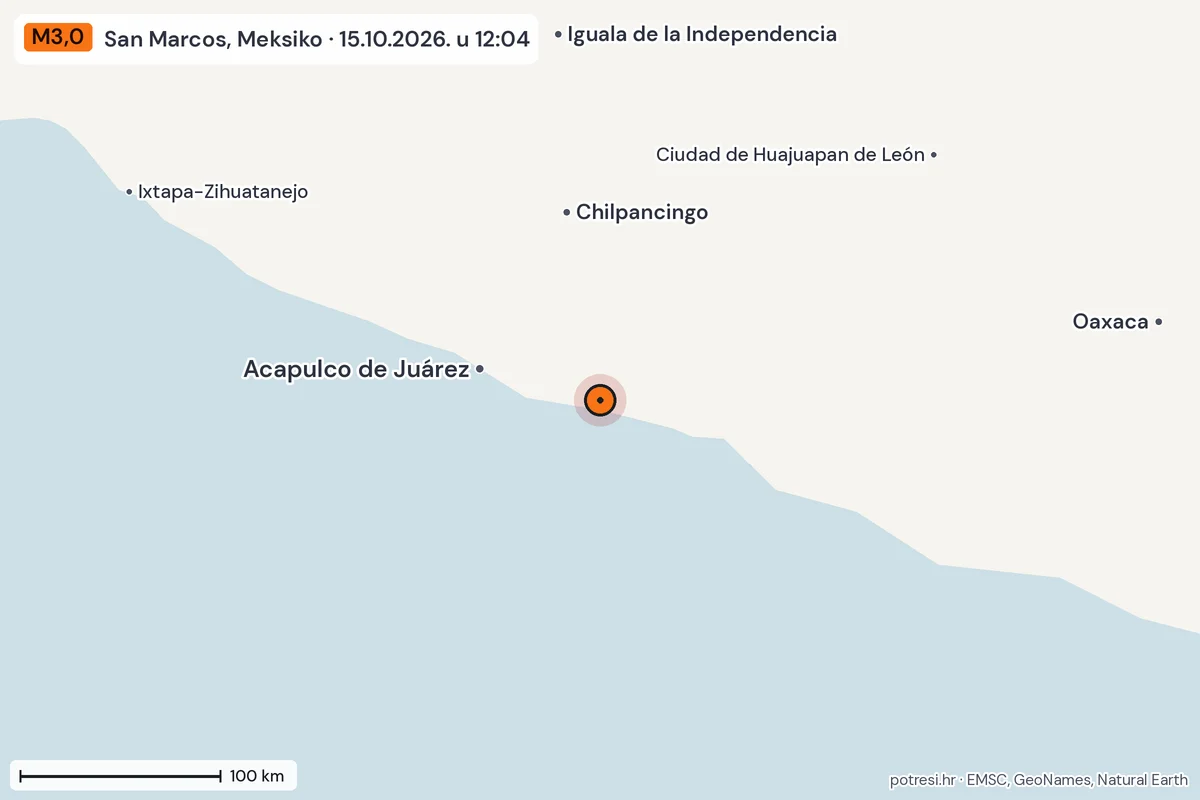 Karta: šire područje, 600 km, potres M3,0, San Marcos, Meksiko, 15.10.2026.