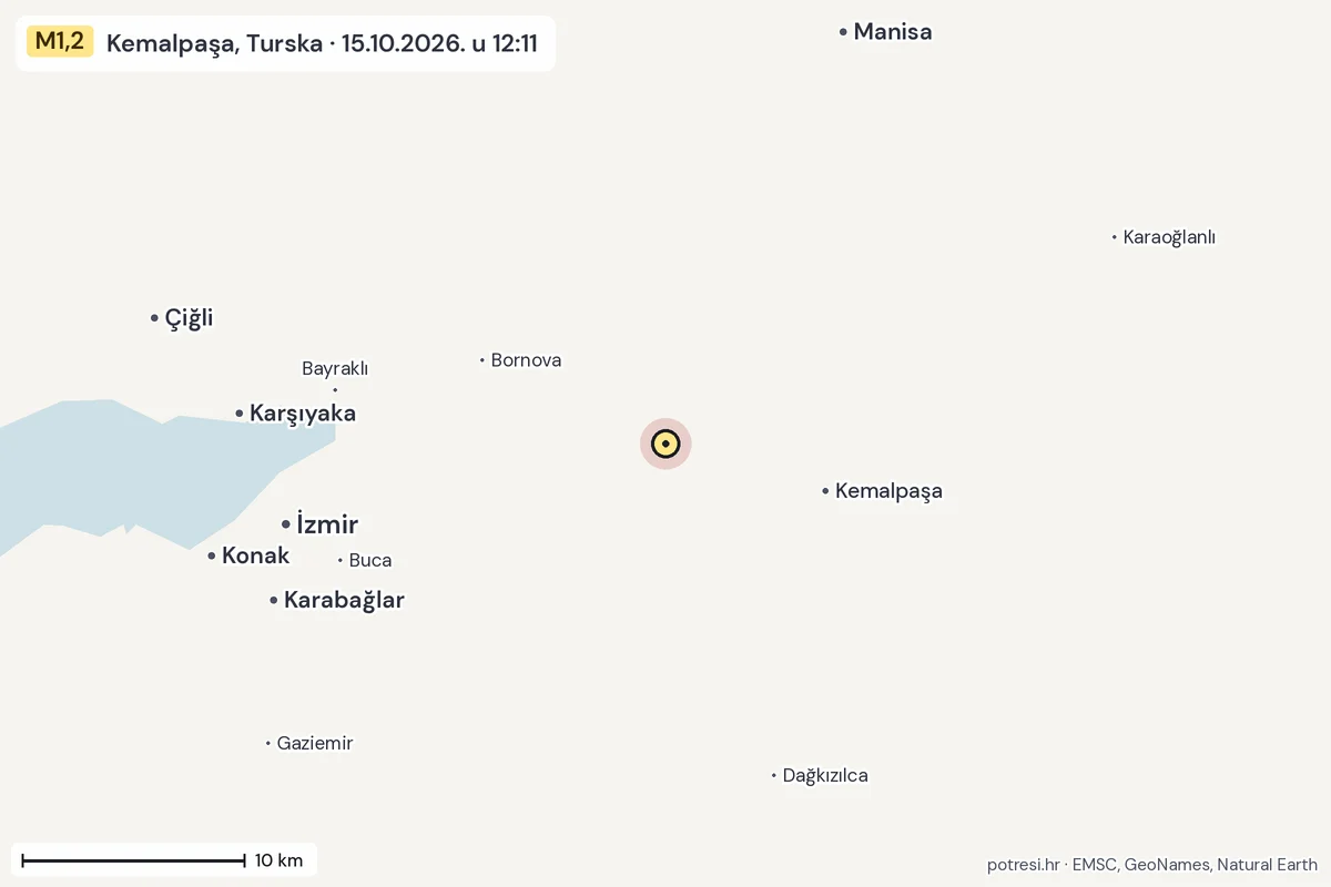 Karta: okolica epicentra, 60 km, potres M1,2, Kemalpaşa, Turska, 15.10.2026.