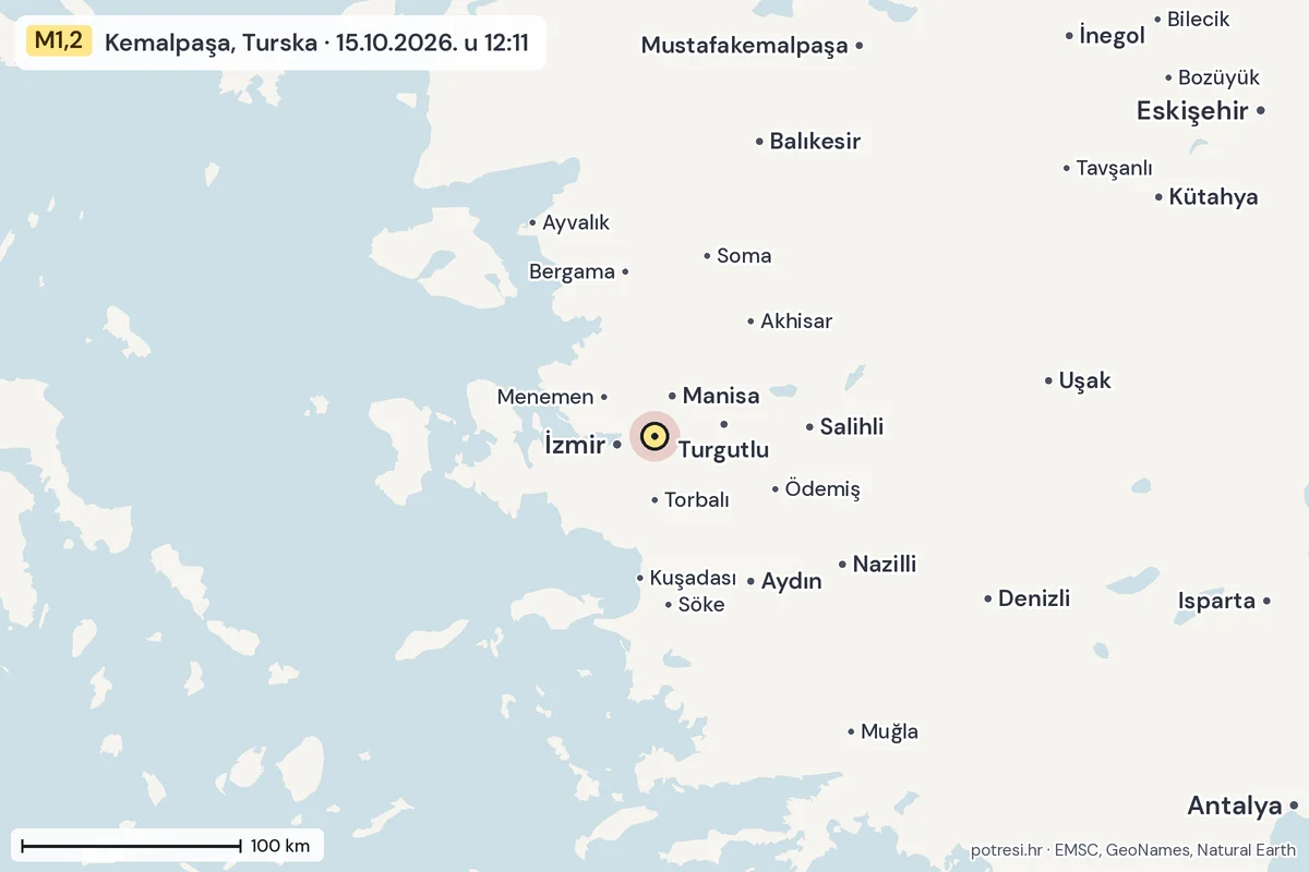 Karta: šire područje, 600 km, potres M1,2, Kemalpaşa, Turska, 15.10.2026.