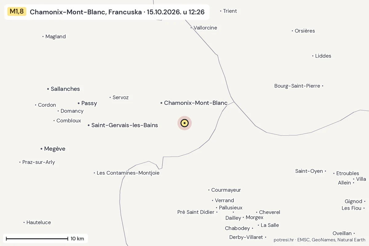 Karta: okolica epicentra, 60 km, potres M1,8, Chamonix-Mont-Blanc, Francuska, 15.10.2026.