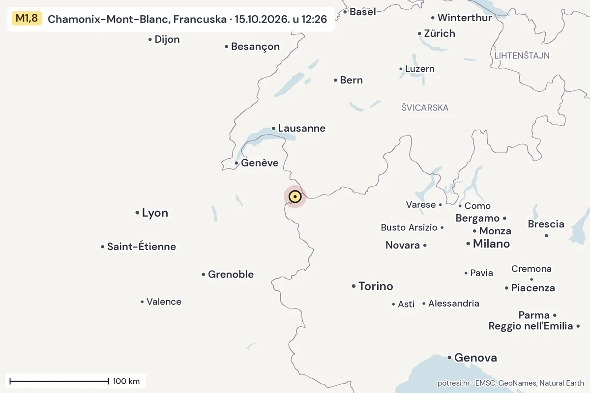 Karta: šire područje, 600 km, potres M1,8, Chamonix-Mont-Blanc, Francuska, 15.10.2026.