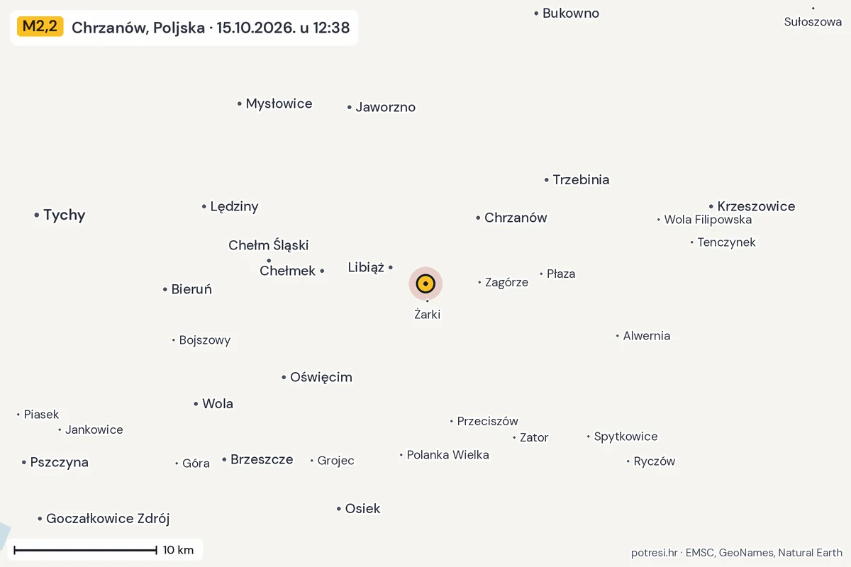 Karta: okolica epicentra, 60 km, potres M2,2, Chrzanów, Poljska, 15.10.2026.