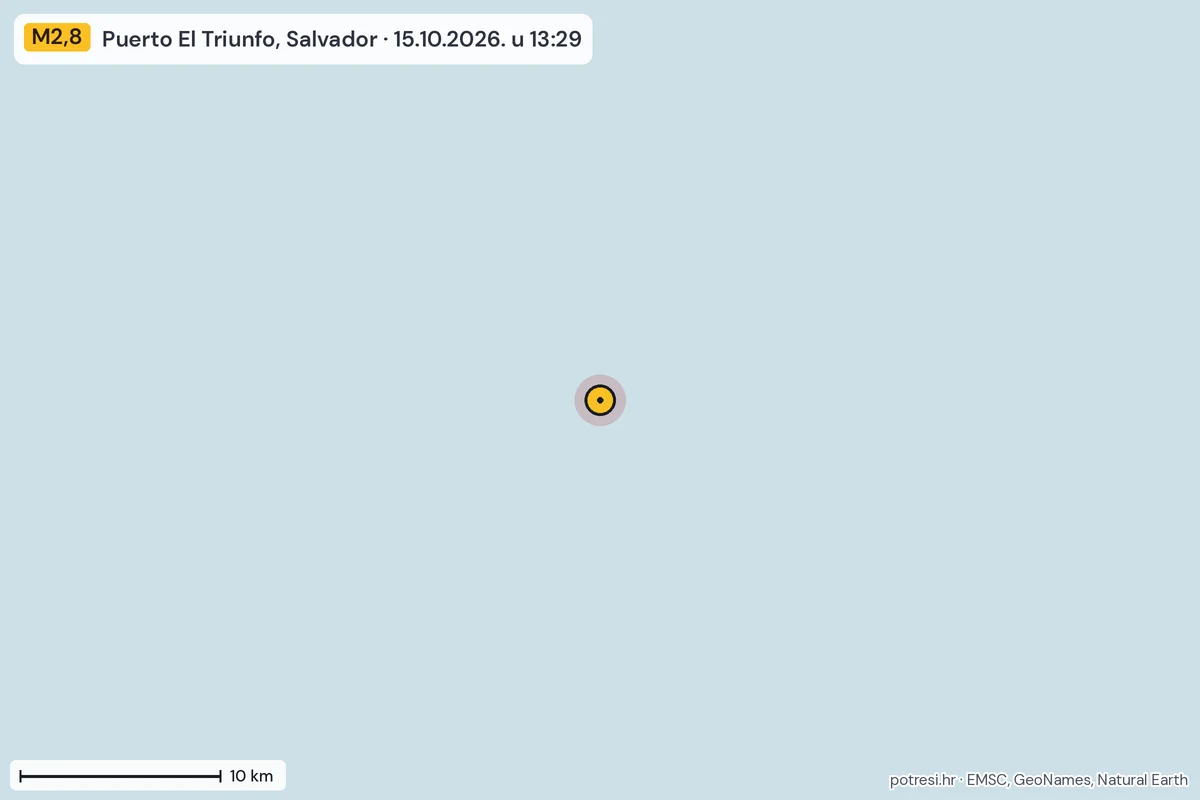 Karta: okolica epicentra, 60 km, potres M2,8, Puerto El Triunfo, Salvador, 15.10.2026.