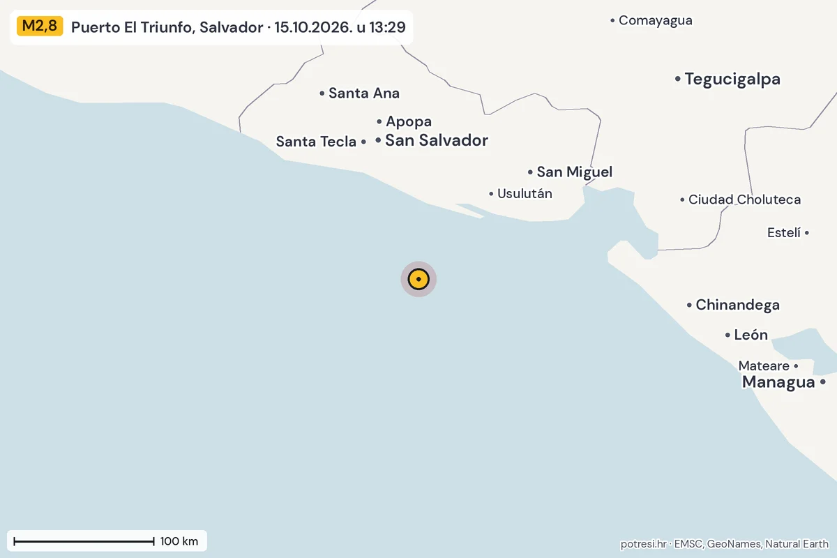 Karta: šire područje, 600 km, potres M2,8, Puerto El Triunfo, Salvador, 15.10.2026.