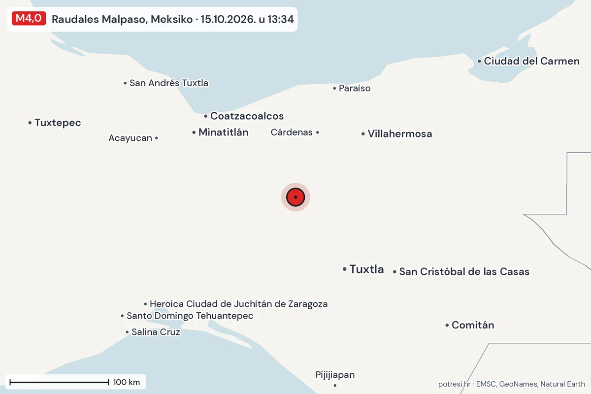 Karta: šire područje, 600 km, potres M4,0, Raudales Malpaso, Meksiko, 15.10.2026.