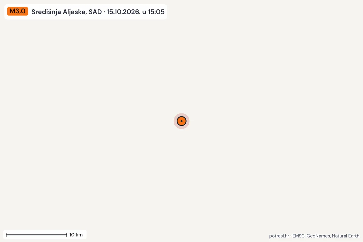 Karta: okolica epicentra, 60 km, potres M3,0, Središnja Aljaska, SAD, 15.10.2026.