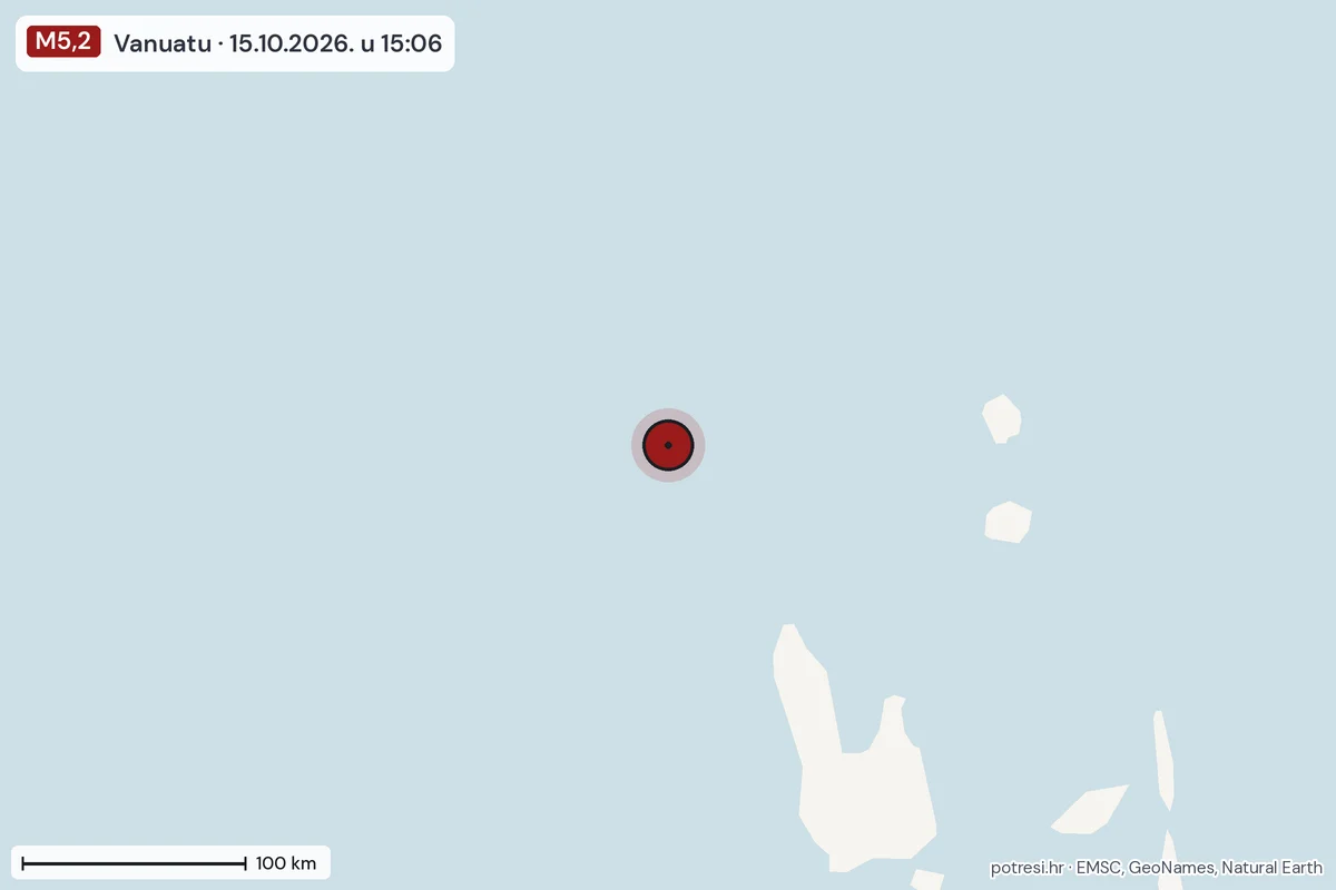 Karta: šire područje, 600 km, potres M5,2, Vanuatu, 15.10.2026.