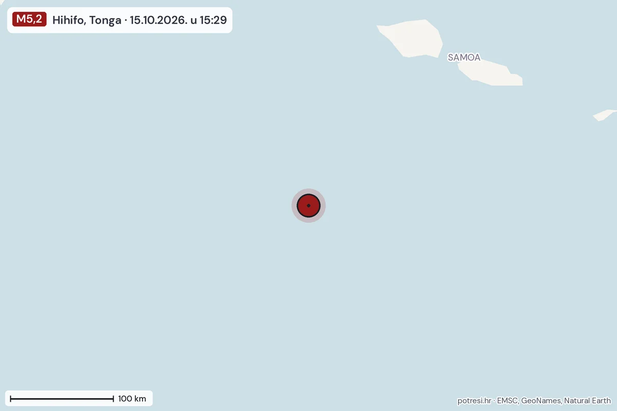Karta: šire područje, 600 km, potres M5,2, Hihifo, Tonga, 15.10.2026.