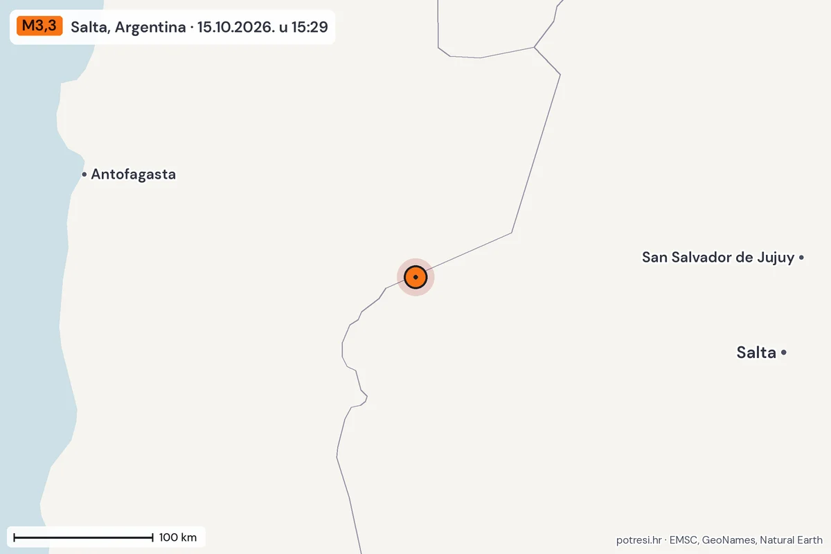 Karta: šire područje, 600 km, potres M3,3, Salta, Argentina, 15.10.2026.