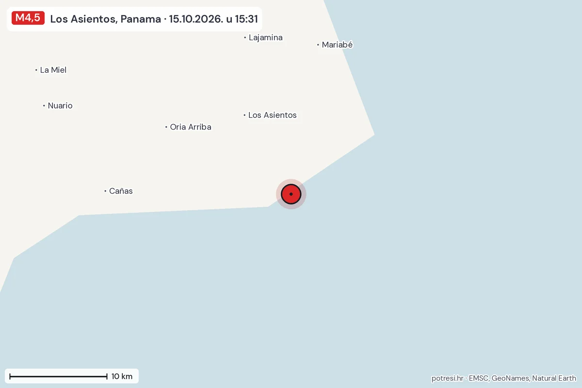 Karta: okolica epicentra, 60 km, potres M4,5, Los Asientos, Panama, 15.10.2026.