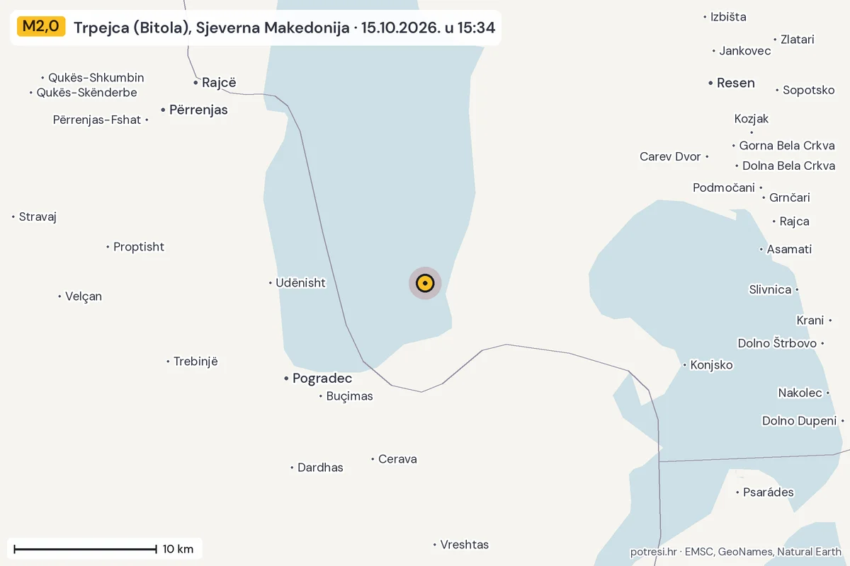 Karta: okolica epicentra, 60 km, potres M2,0, Trpejca (Bitola), Sjeverna Makedonija, 15.10.2026.