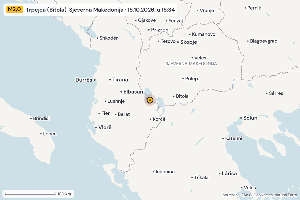 Karta: šire područje, 600 km, potres M2,0, Trpejca (Bitola), Sjeverna Makedonija, 15.10.2026.