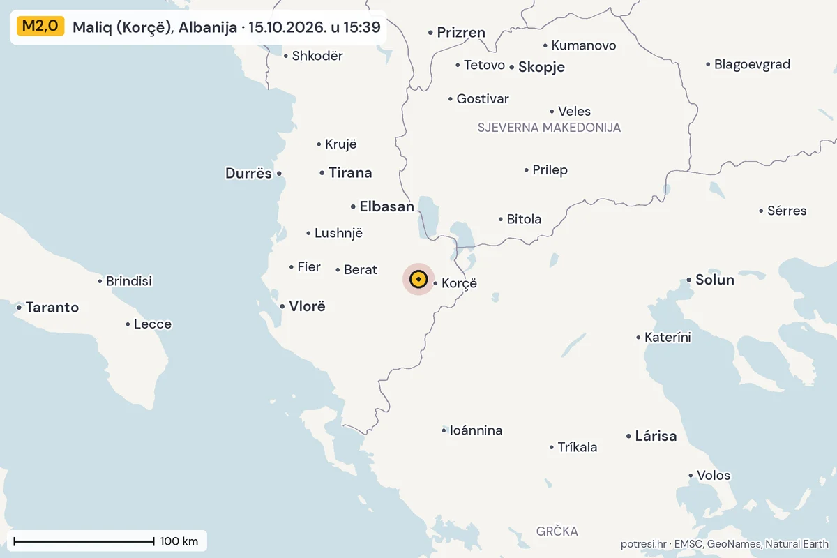 Karta: šire područje, 600 km, potres M2,0, Maliq (Korçë), Albanija, 15.10.2026.