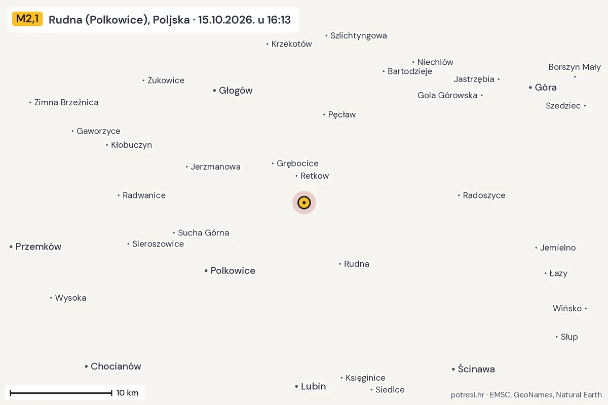 Karta: okolica epicentra, 60 km, potres M2,1, Rudna (Polkowice), Poljska, 15.10.2026.