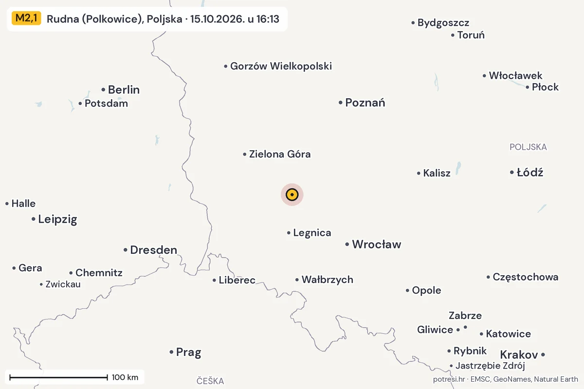 Karta: šire područje, 600 km, potres M2,1, Rudna (Polkowice), Poljska, 15.10.2026.