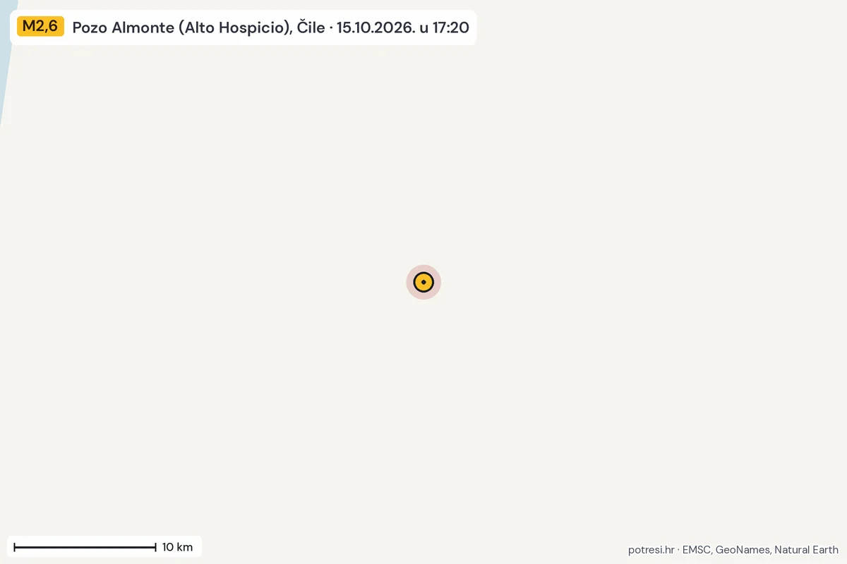 Karta: okolica epicentra, 60 km, potres M2,6, Pozo Almonte (Alto Hospicio), Čile, 15.10.2026.