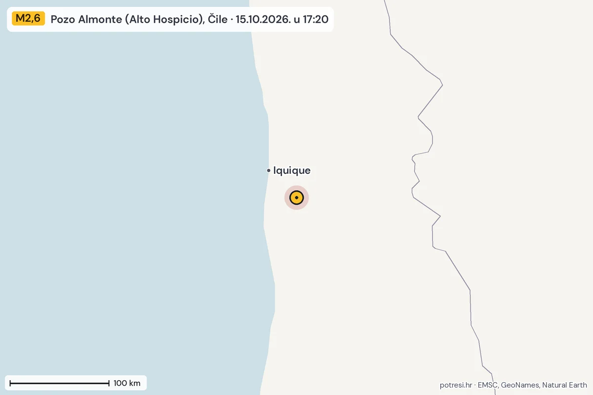 Karta: šire područje, 600 km, potres M2,6, Pozo Almonte (Alto Hospicio), Čile, 15.10.2026.