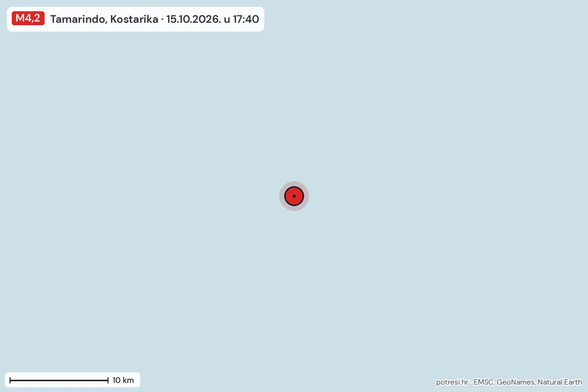 Karta: okolica epicentra, 60 km, potres M4,2, Tamarindo, Kostarika, 15.10.2026.