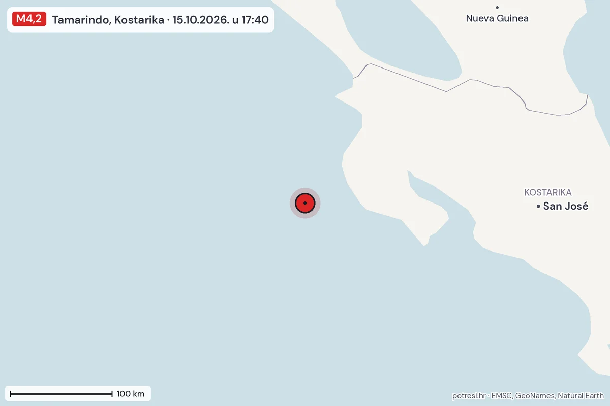 Karta: šire područje, 600 km, potres M4,2, Tamarindo, Kostarika, 15.10.2026.