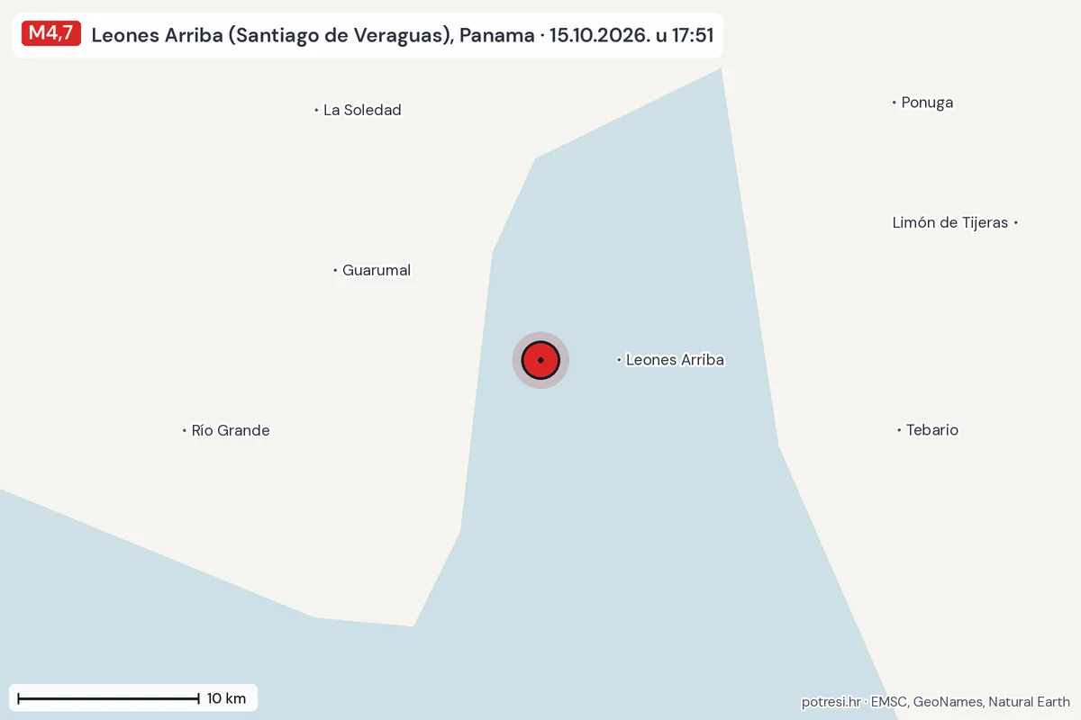 Karta: okolica epicentra, 60 km, potres M4,7, Leones Arriba (Santiago de Veraguas), Panama, 15.10.2026.