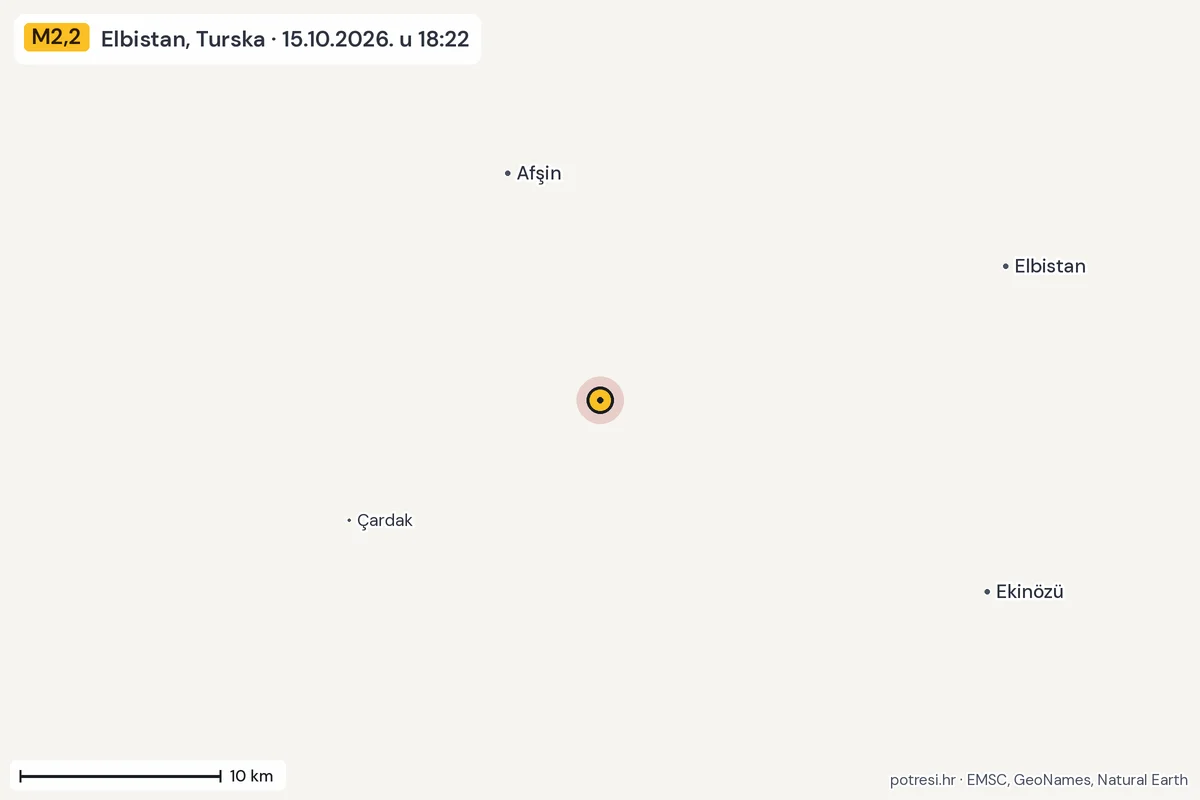 Karta: okolica epicentra, 60 km, potres M2,2, Elbistan, Turska, 15.10.2026.