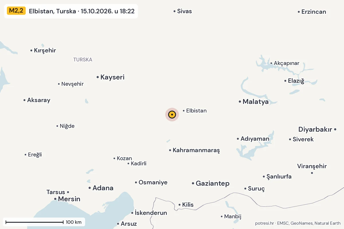 Karta: šire područje, 600 km, potres M2,2, Elbistan, Turska, 15.10.2026.