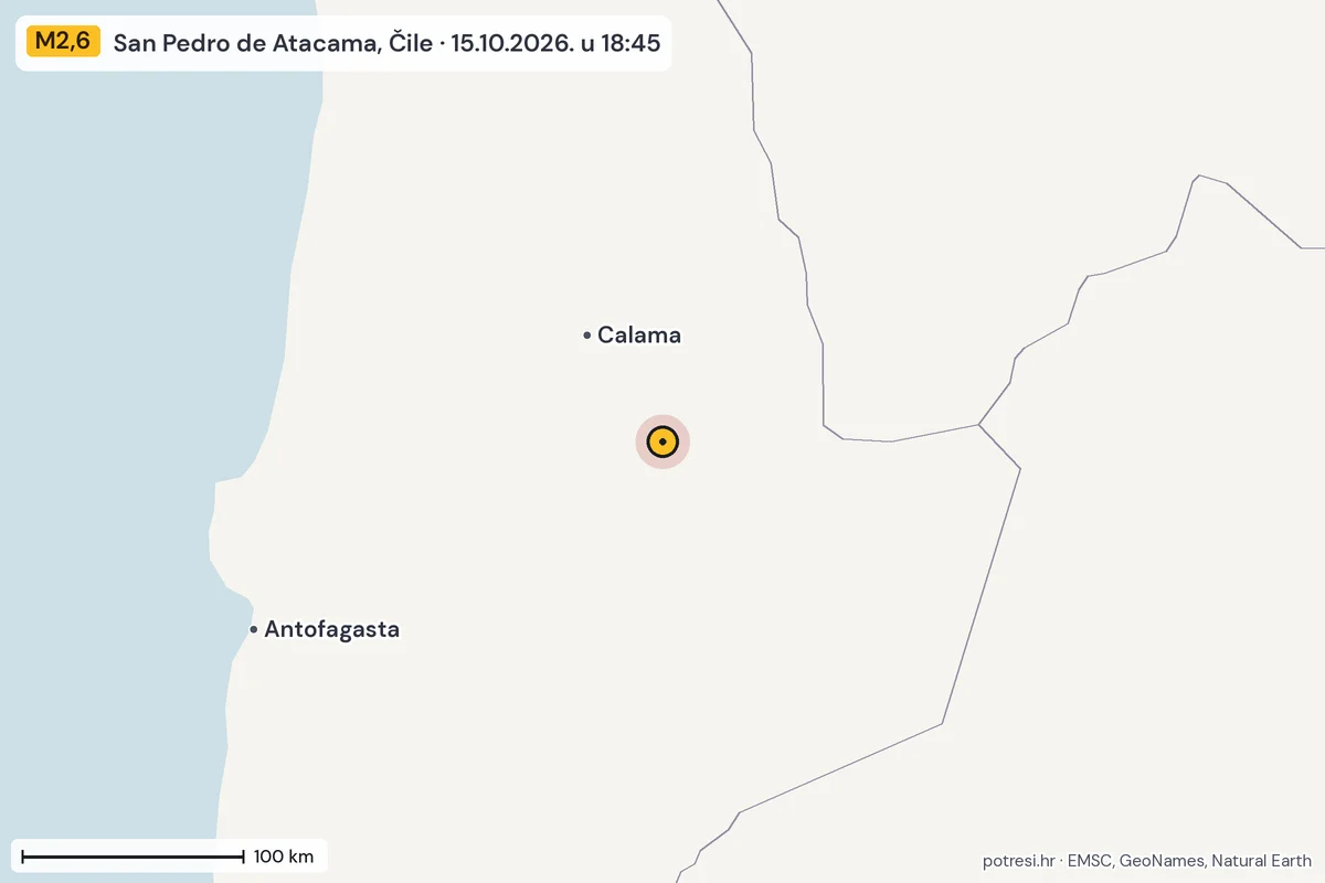Karta: šire područje, 600 km, potres M2,6, San Pedro de Atacama, Čile, 15.10.2026.