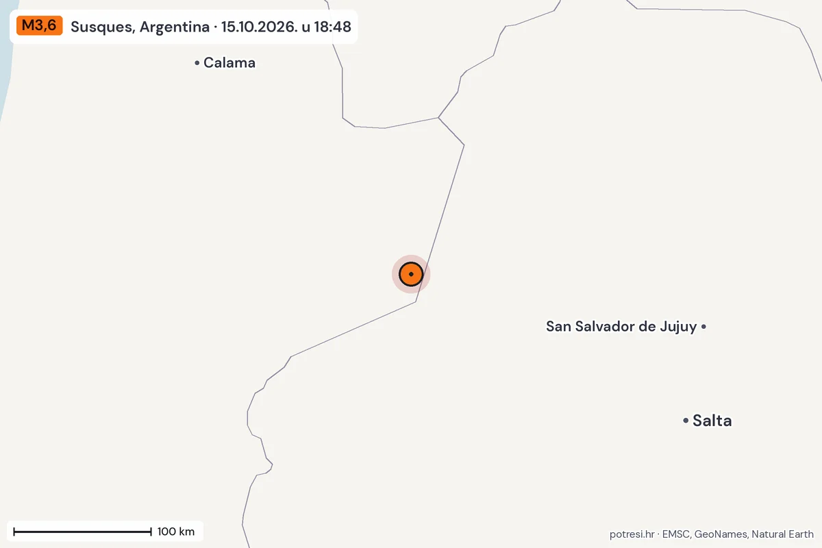 Karta: šire područje, 600 km, potres M3,6, Susques, Argentina, 15.10.2026.