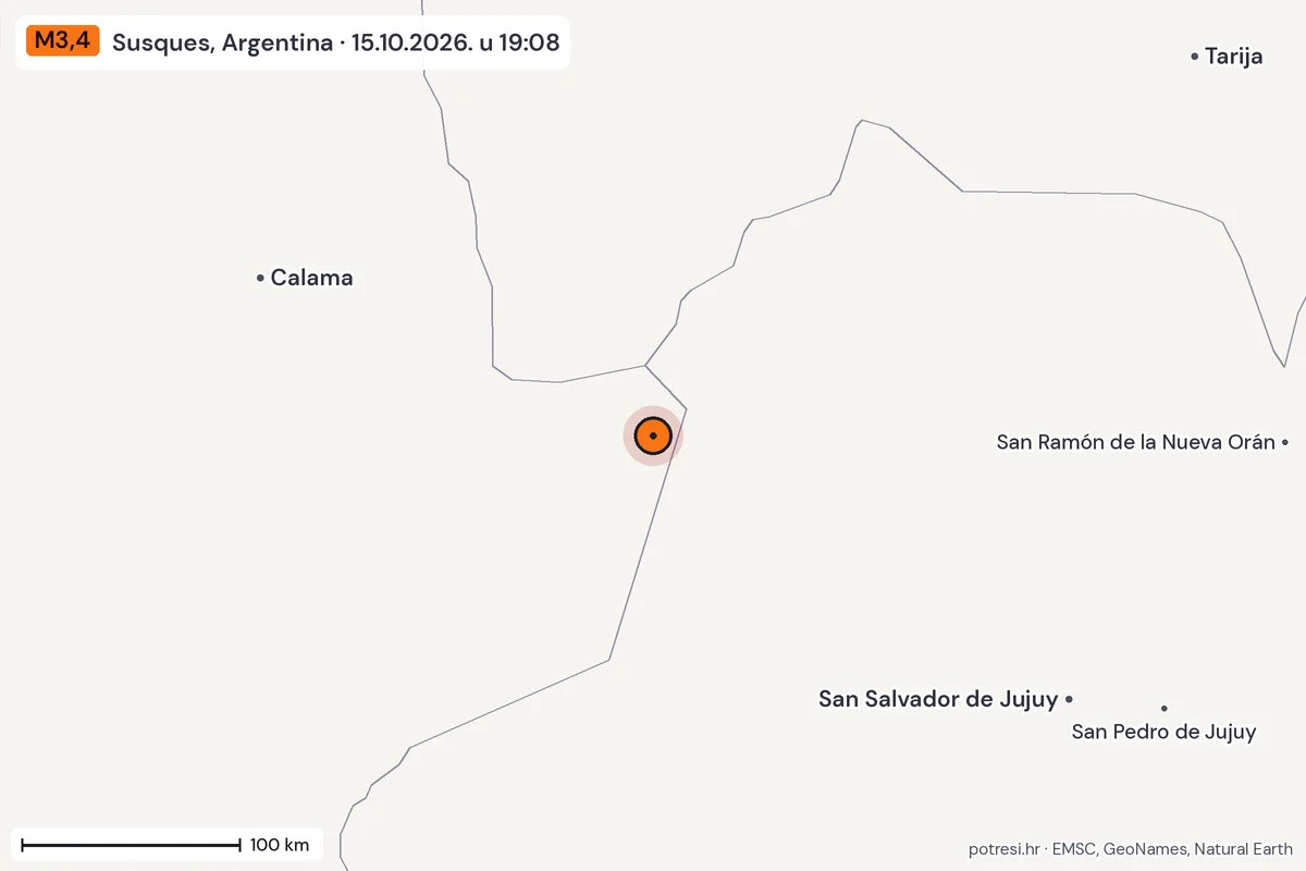 Karta: šire područje, 600 km, potres M3,4, Susques, Argentina, 15.10.2026.
