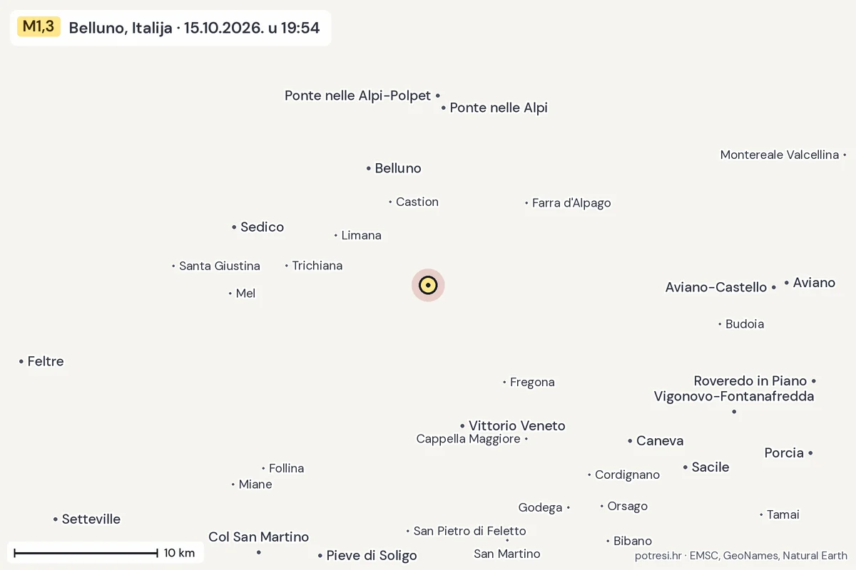 Karta: okolica epicentra, 60 km, potres M1,3, Belluno, Italija, 15.10.2026.
