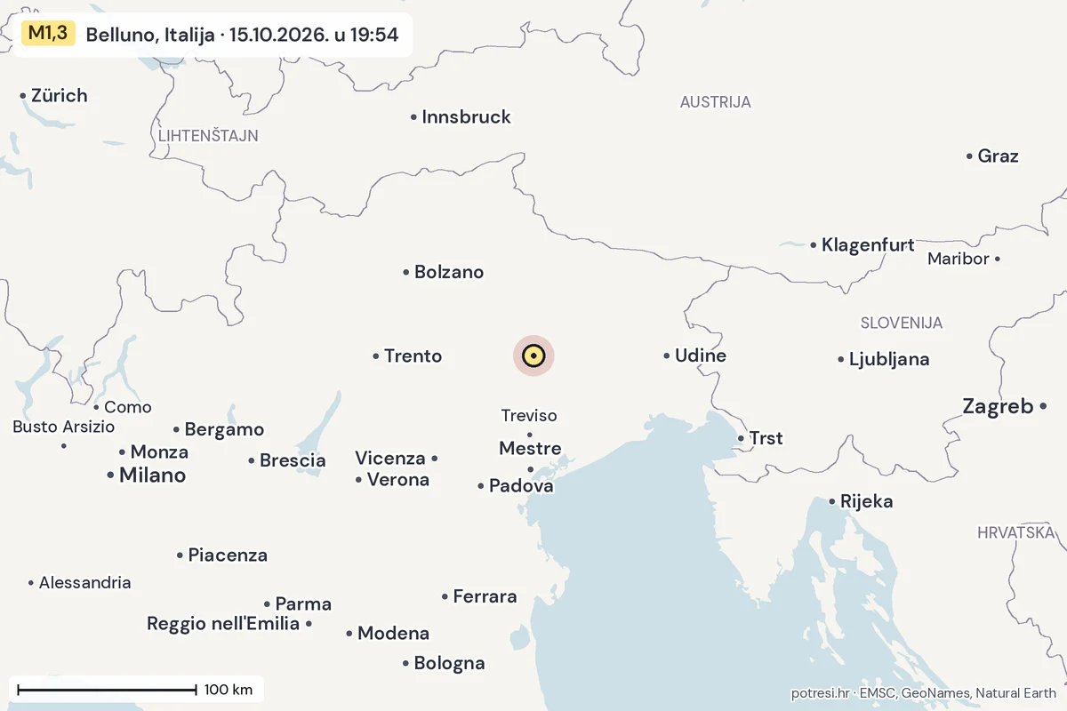 Karta: šire područje, 600 km, potres M1,3, Belluno, Italija, 15.10.2026.