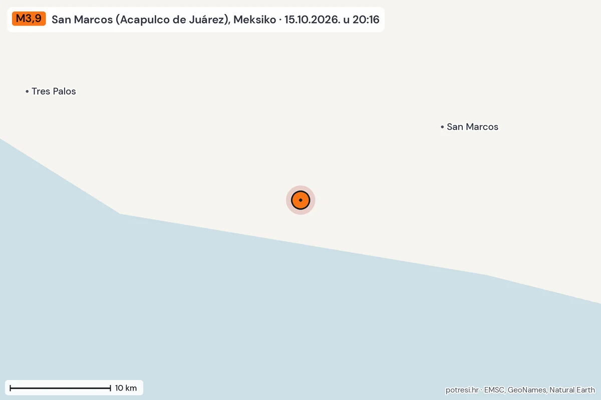 Karta: okolica epicentra, 60 km, potres M3,9, San Marcos (Acapulco de Juárez), Meksiko, 15.10.2026.