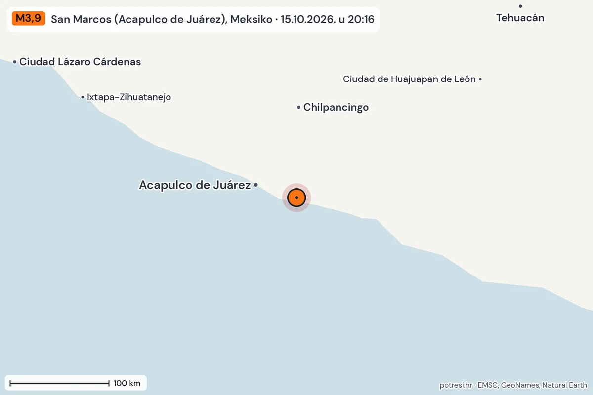 Karta: šire područje, 600 km, potres M3,9, San Marcos (Acapulco de Juárez), Meksiko, 15.10.2026.