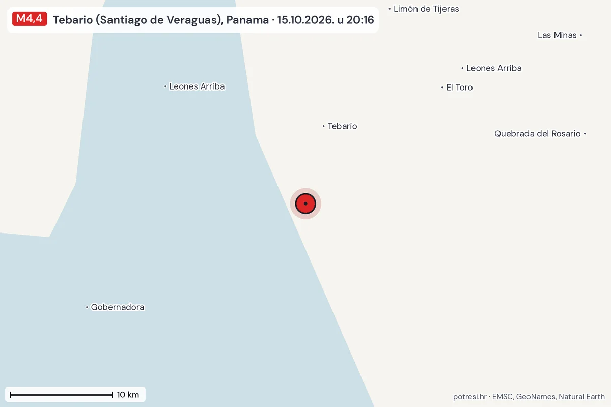 Karta: okolica epicentra, 60 km, potres M4,4, Tebario (Santiago de Veraguas), Panama, 15.10.2026.