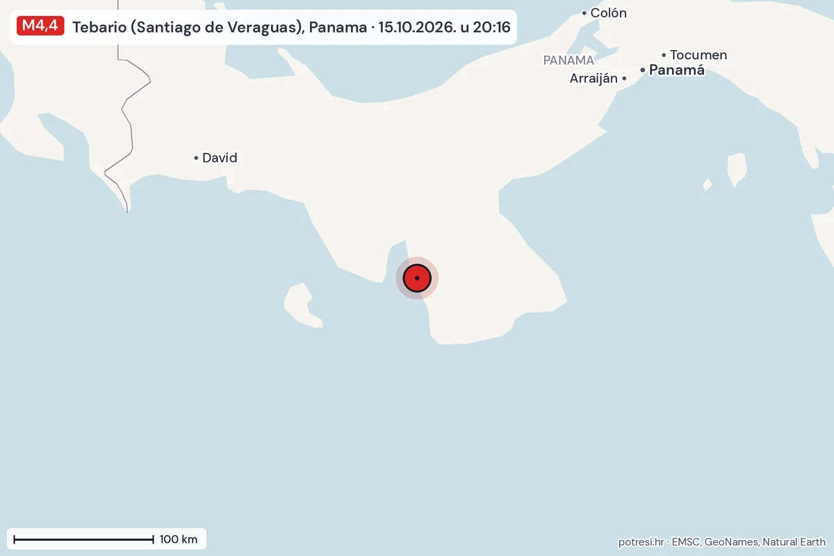 Karta: šire područje, 600 km, potres M4,4, Tebario (Santiago de Veraguas), Panama, 15.10.2026.