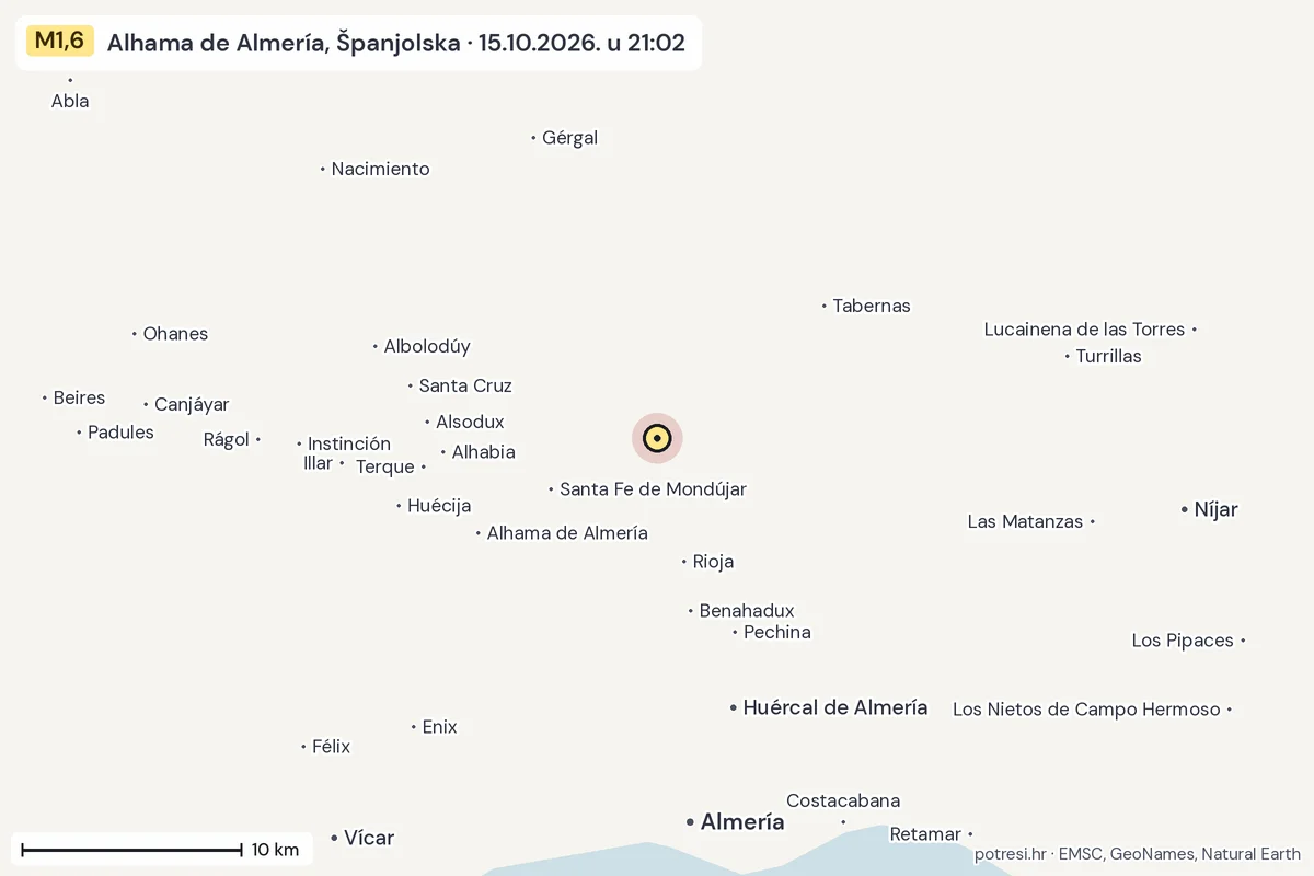 Karta: okolica epicentra, 60 km, potres M1,6, Alhama de Almería, Španjolska, 15.10.2026.
