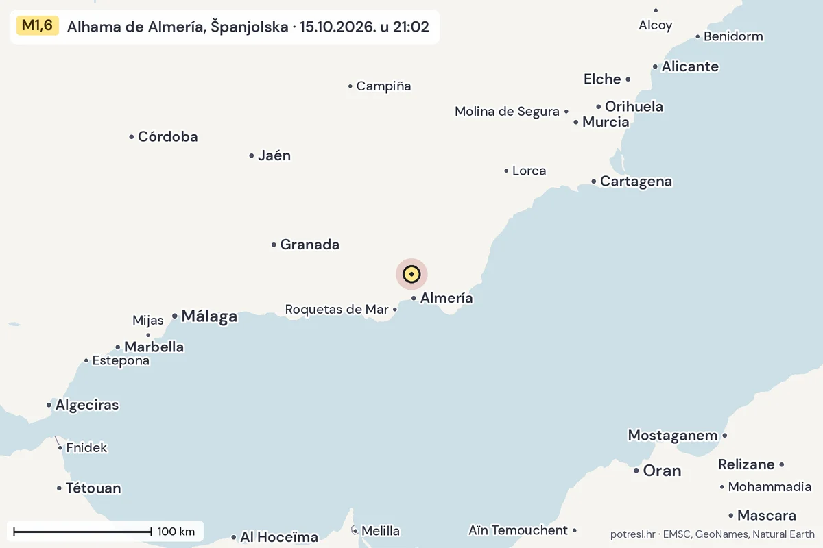 Karta: šire područje, 600 km, potres M1,6, Alhama de Almería, Španjolska, 15.10.2026.