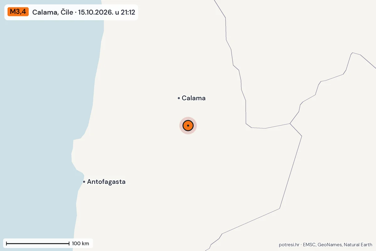 Karta: šire područje, 600 km, potres M3,4, Calama, Čile, 15.10.2026.