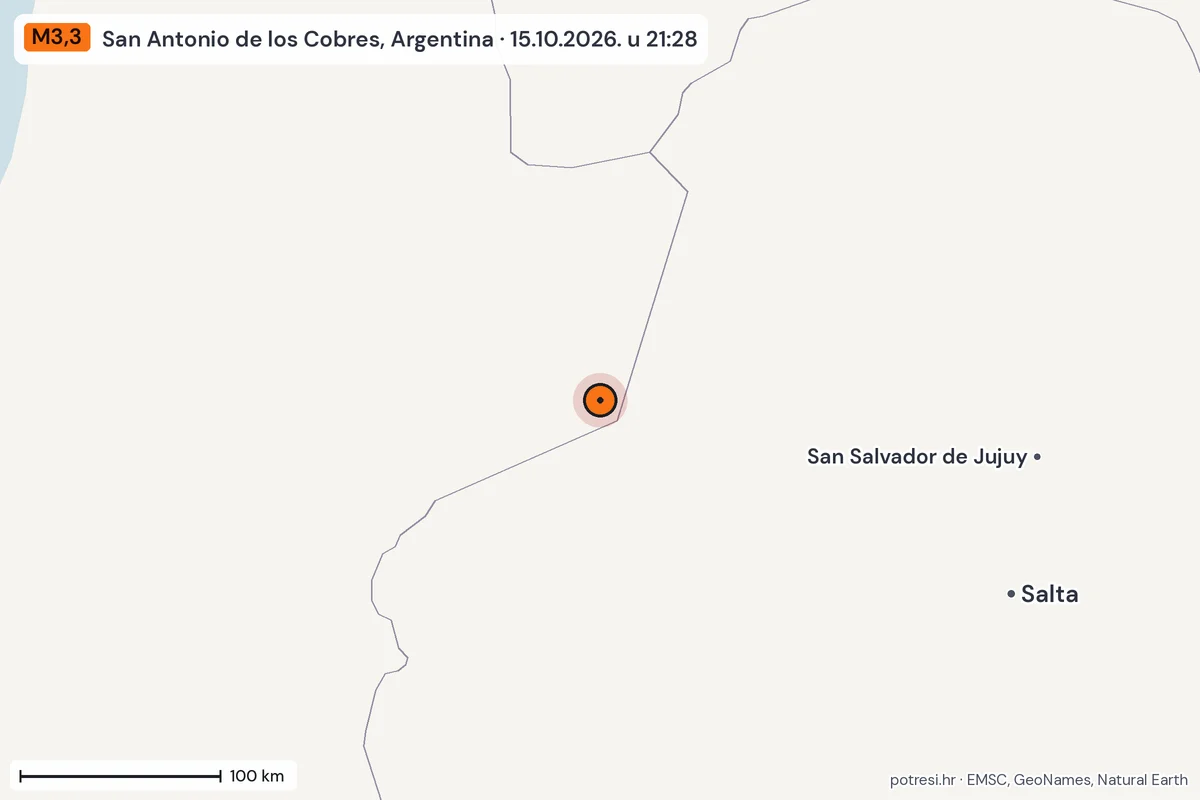 Karta: šire područje, 600 km, potres M3,3, San Antonio de los Cobres, Argentina, 15.10.2026.