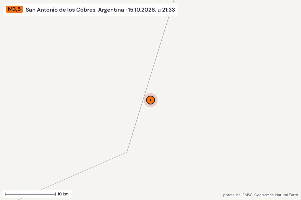 Karta: okolica epicentra, 60 km, potres M3,5, San Antonio de los Cobres, Argentina, 15.10.2026.