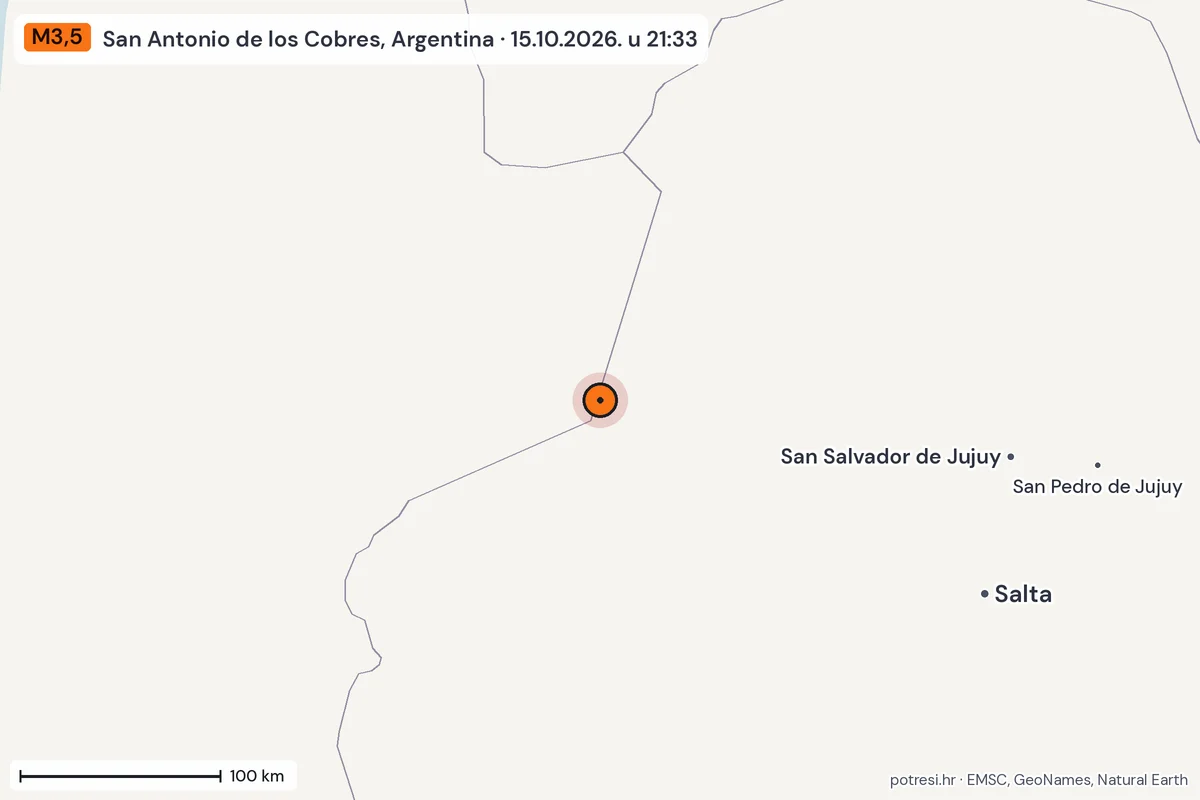 Karta: šire područje, 600 km, potres M3,5, San Antonio de los Cobres, Argentina, 15.10.2026.
