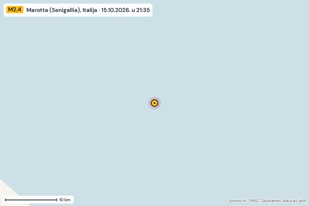 Karta: okolica epicentra, 60 km, potres M2,4, Marotta (Senigallia), Italija, 15.10.2026.