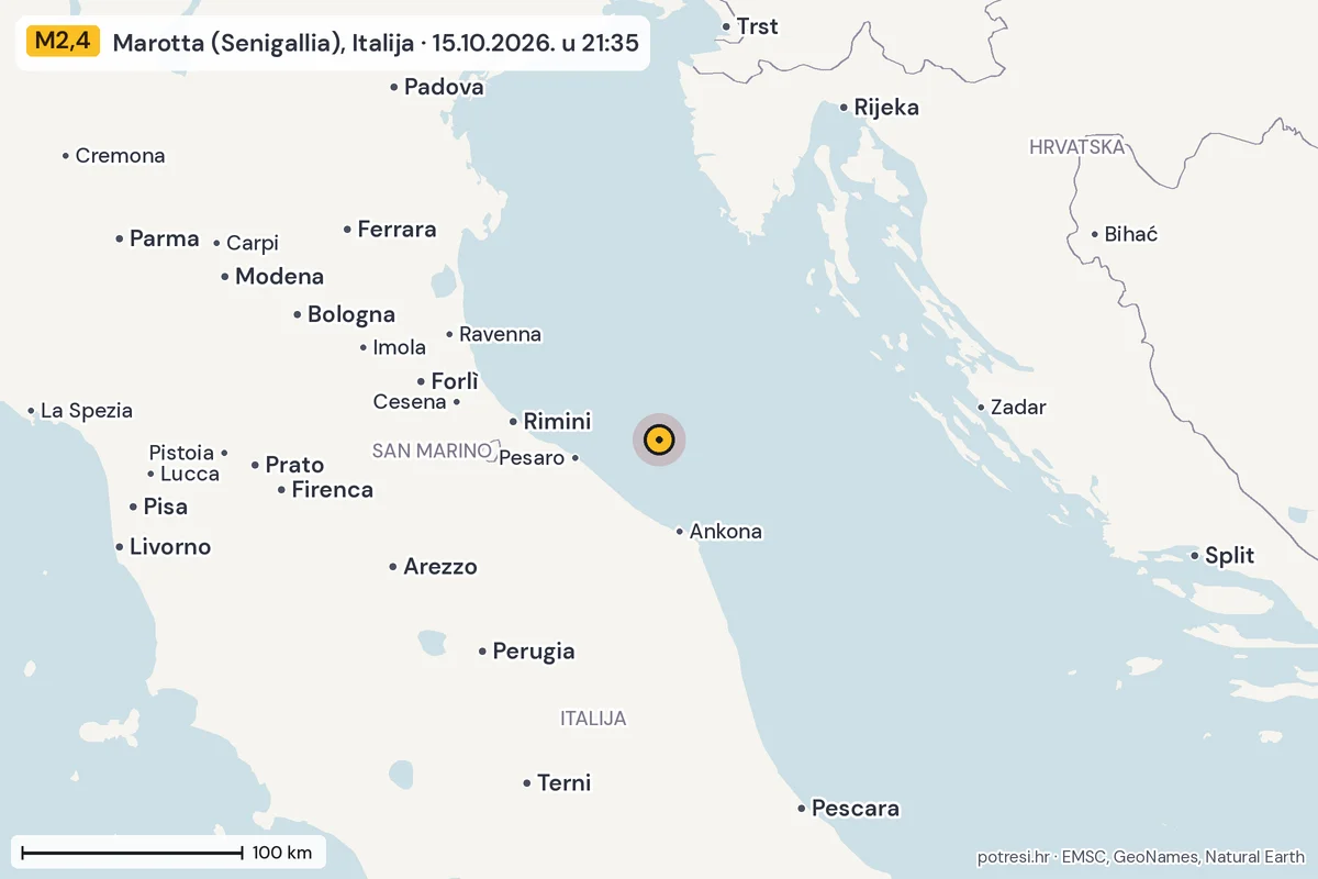 Karta: šire područje, 600 km, potres M2,4, Marotta (Senigallia), Italija, 15.10.2026.