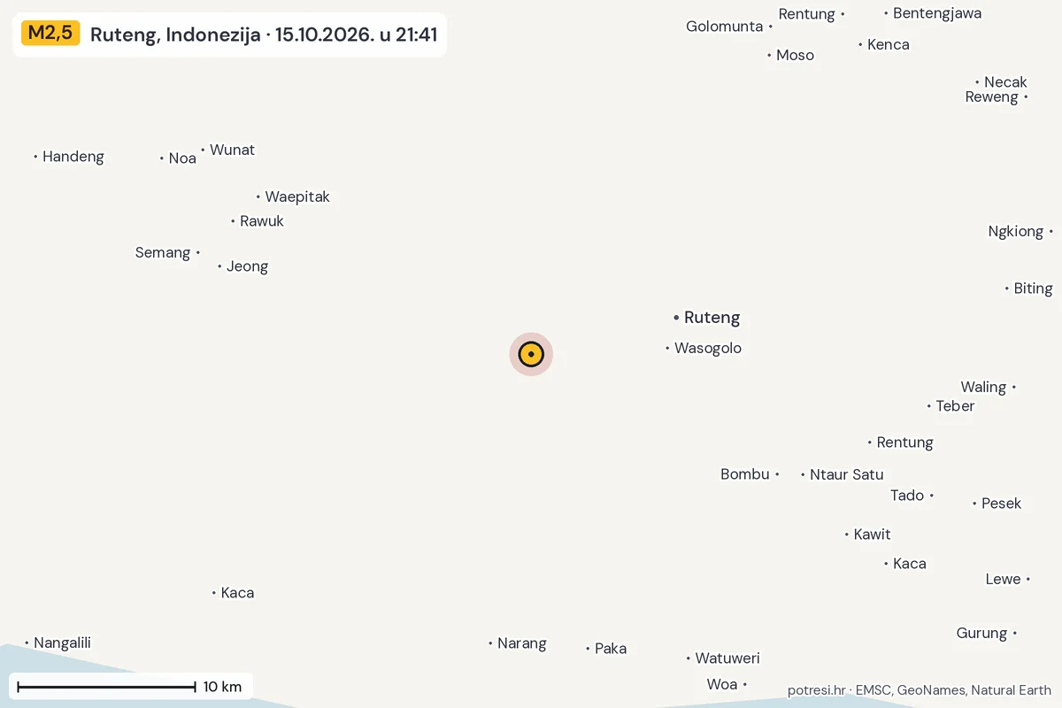 Karta: okolica epicentra, 60 km, potres M2,5, Ruteng, Indonezija, 15.10.2026.